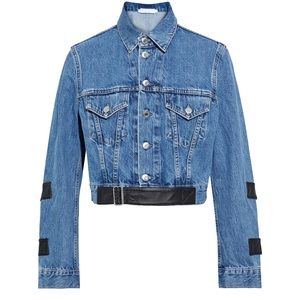 HELMUT LANG LEATHER-TRIMMED CROPPED DENIM JACKET (Size M)